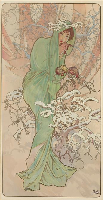 ALPHONSE MUCHA (1860-1939). [THE SEASONS]. Group of 4 decorative panels. 1896. Each approximately 41½x22 inches, 105½x56 cm. [F. Champe